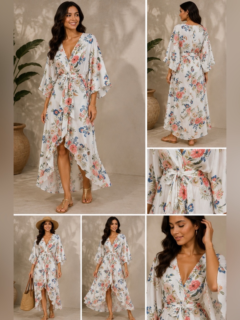 Petal & Pup Floral Wrap Midi Dress White Pink Tie Waist Boho Romantic US 6